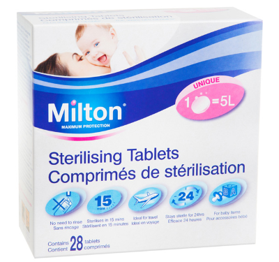 Стерилизационные таблетки Milton 1 упаковка 1 упаковка - 28 таблеток. Таблетки для холодной стерилизации. Время стерилизации - 15 минут. 1 таблетки достаточно для приготовления 5 литров стерилизационного раствора, который сохраняет свои свойства в течение 24 часов. 1/4 таблетки - 1,25 л. раствора.